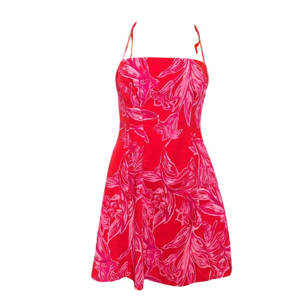 Tropical Zara Red Pink Floral Mini Dress Square Neck Strappy Back Fit Flare XS